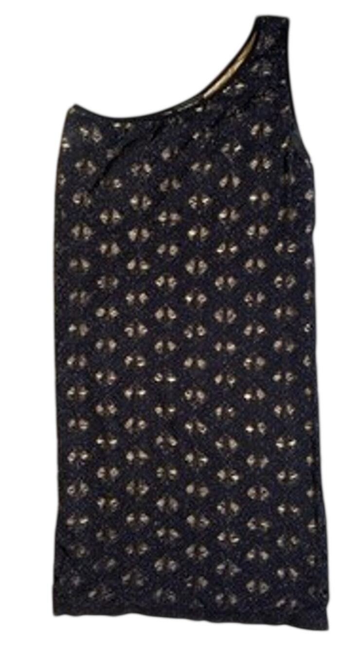Vintage Y2K One Shoulder Dress Womens M/L Black Gold Metallic Bebe Cocktail